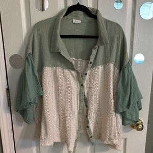 POL Sage Green and Cream Button-Down Shirt